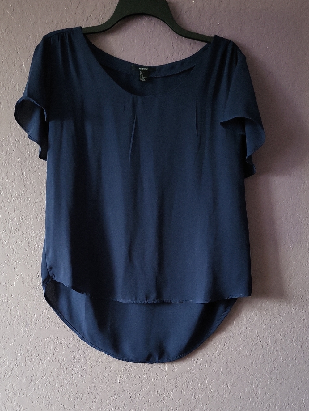 Forever 21 Navy Short Sleeve Draped High-Low Blouse